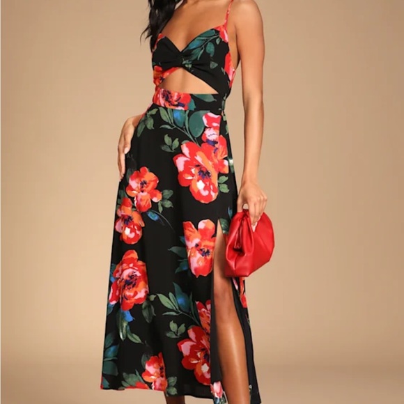Lulus Dresses & Skirts - Floral Lulus Black and Red Cutout Dress NWT